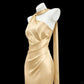 Romantic Light Golden Sheath Asymmetrical Neck Ruched Satin Dress Prom Dress Evening Dress L457