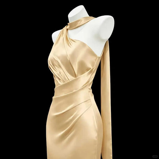 Romantic Light Golden Sheath Asymmetrical Neck Ruched Satin Dress Prom Dress Evening Dress L457