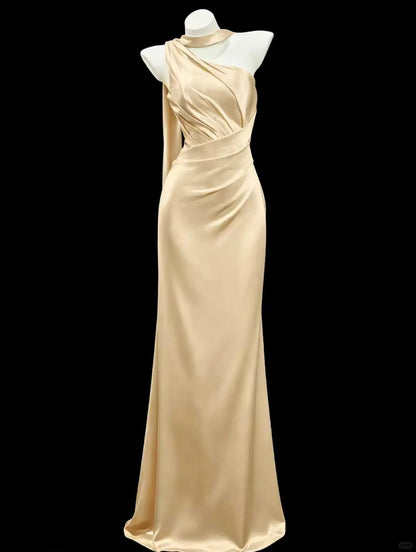 Romantic Light Golden Sheath Asymmetrical Neck Ruched Satin Dress Prom Dress Evening Dress L457