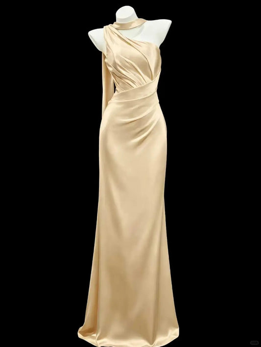 Romantic Light Golden Sheath Asymmetrical Neck Ruched Satin Dress Prom Dress Evening Dress L457