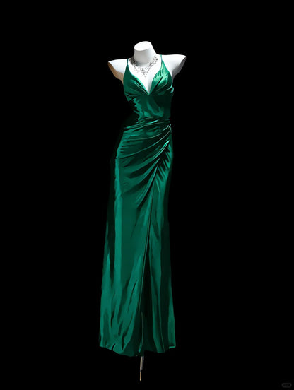 Chic Dark Green Sheath Spaghetti Strap Ruched Satin Dress Prom Dress Evening Dress L458