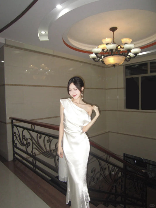 Classy White Mermaid One Shoulder Draped Satin Dress Prom Evening Dress L46