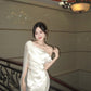 Classy White Mermaid One Shoulder Draped Satin Dress Prom Evening Dress L46