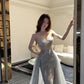 Sparkling Light Blue Sheath Strapless Corset Slit Train Glitter Tulle Dress Prom Evening Dress L460