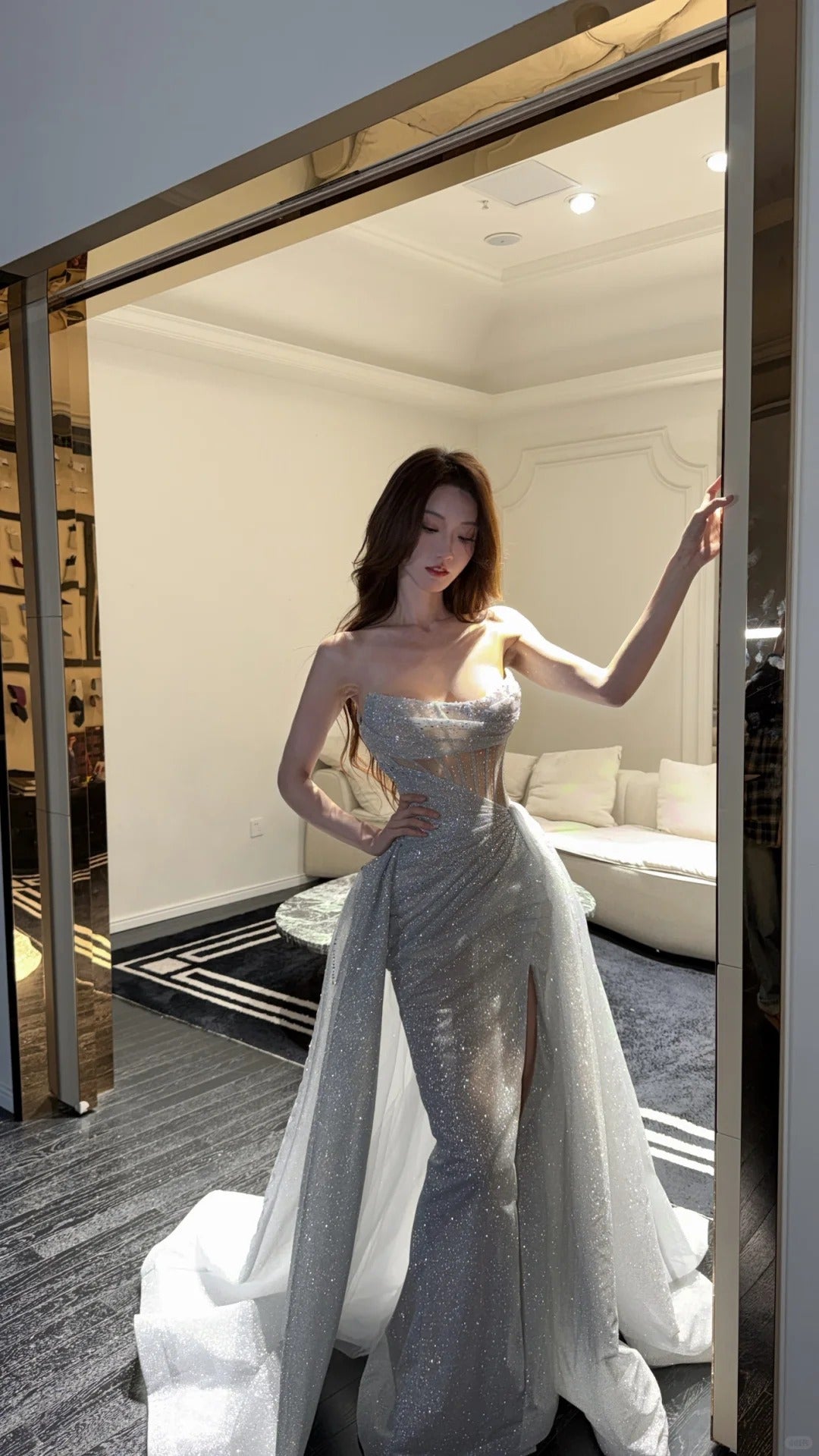 Sparkling Light Blue Sheath Strapless Corset Slit Train Glitter Tulle Dress Prom Evening Dress L460
