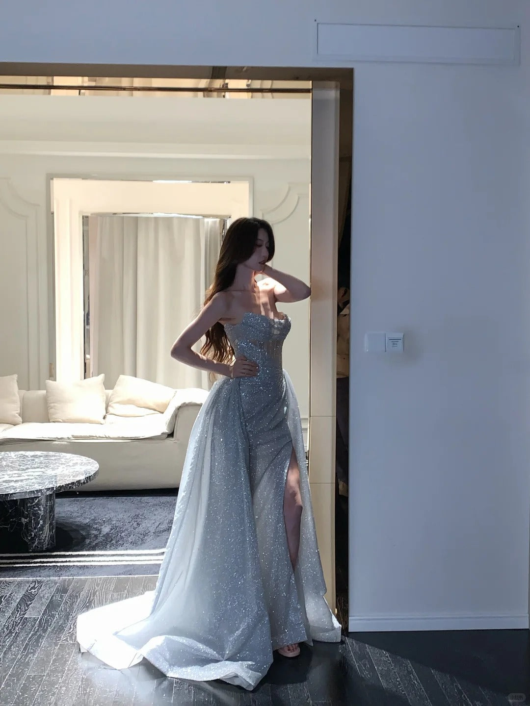 Sparkling Light Blue Sheath Strapless Corset Slit Train Glitter Tulle Dress Prom Evening Dress L460