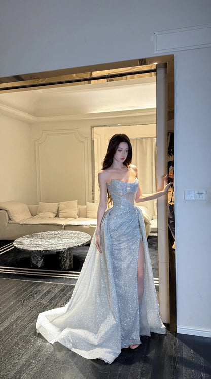 Sparkling Light Blue Sheath Strapless Corset Slit Train Glitter Tulle Dress Prom Evening Dress L460