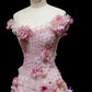 Dreamy Pink A-Line Off-The-Shoulder Handmade Flowers Appliques Tulle Dress Prom Evening Dress L461