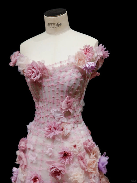 Dreamy Pink A-Line Off-The-Shoulder Handmade Flowers Appliques Tulle Dress Prom Evening Dress L461