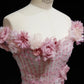 Dreamy Pink A-Line Off-The-Shoulder Handmade Flowers Appliques Tulle Dress Prom Evening Dress L461