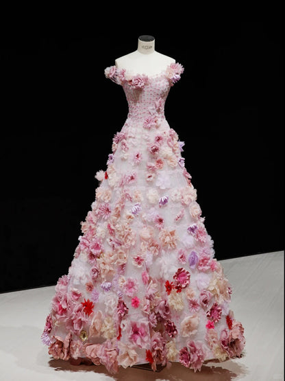 Dreamy Pink A-Line Off-The-Shoulder Handmade Flowers Appliques Tulle Dress Prom Evening Dress L461