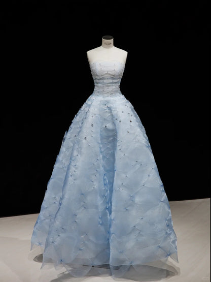 Dreamy Light Blue Ball Gown Strapless Sequins Beaded Tulle Dress Prom Quinceanera Dress 16 L463