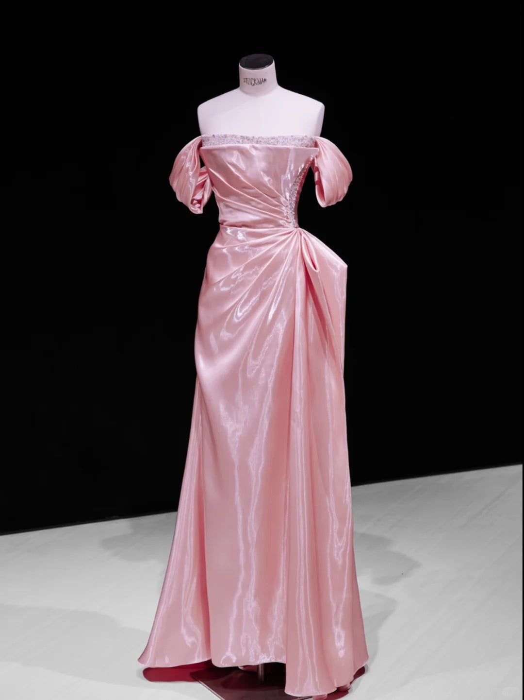 Pretty Pink Sheath Off-The-Shoulder Appliques Beaded Ruched Satin Dress Prom Evening Dress L464