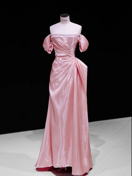 Pretty Pink Sheath Off-The-Shoulder Appliques Beaded Ruched Satin Dress Prom Evening Dress L464
