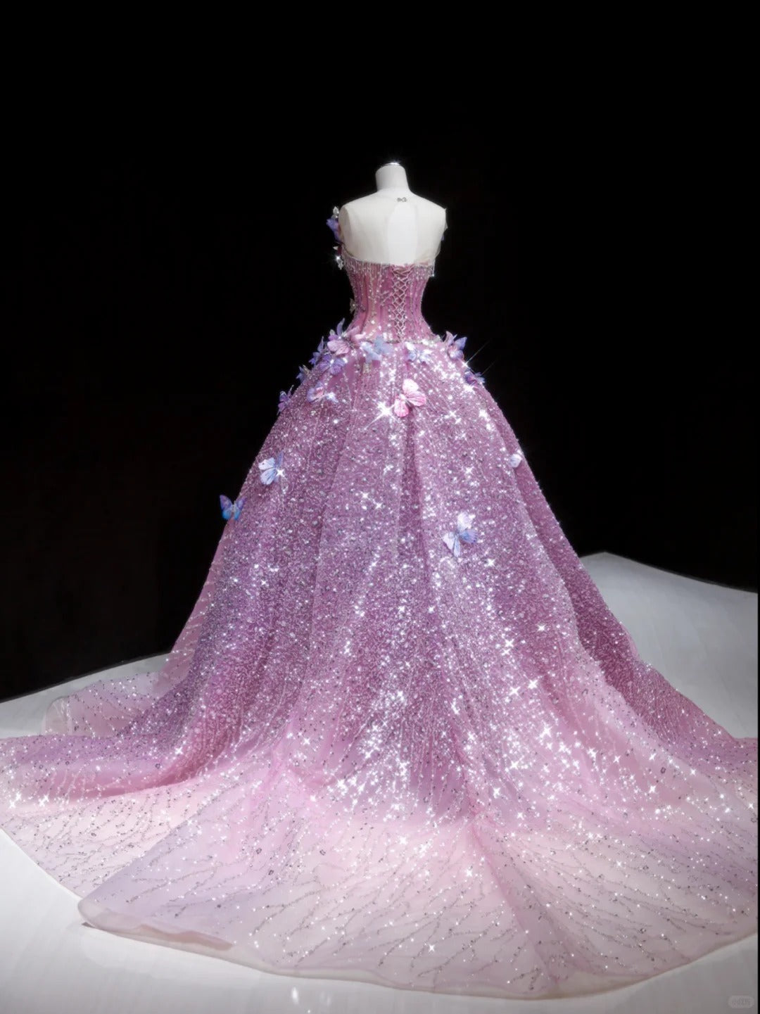 Dreamy Purple Mermaid V-Neck Rhinestone Beaded Appliques Train Tulle Dress Prom Evening Dress L467