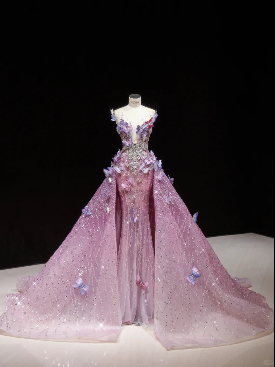 Dreamy Purple Mermaid V-Neck Rhinestone Beaded Appliques Train Tulle Dress Prom Evening Dress L467