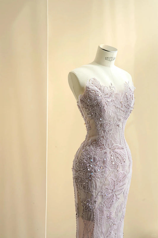 Sweet Light Pink Mermaid Sweetheart Appliques Sequins Tulle Dress Prom Dress Evening Dress L469