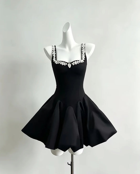 Vintage Black A-Line Spaghetti Straps Rhinestone Heavy Satin Dress Homecoming Party Dress L47