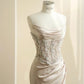 Chic Champagne Mermaid Strapless Appliques Rhinestone Satin Dress Prom Dress Evening Dress L470