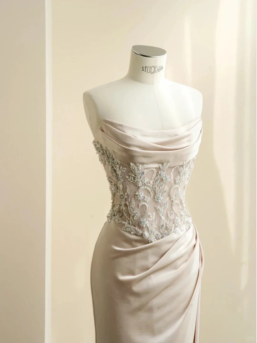 Chic Champagne Mermaid Strapless Appliques Rhinestone Satin Dress Prom Dress Evening Dress L470