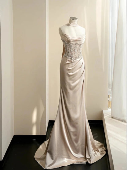 Chic Champagne Mermaid Strapless Appliques Rhinestone Satin Dress Prom Dress Evening Dress L470