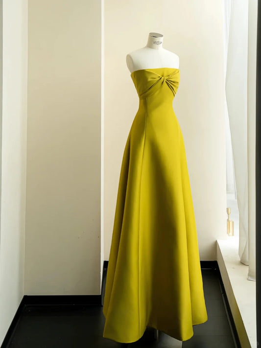 Modest Bright Yellow Strapless Bow Ruched Matte Satin Dress Prom Dress Evening Dress L471