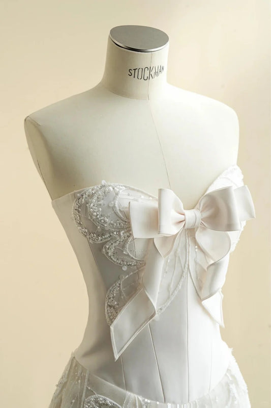Elegant White A-Line Sweetheart Bow Sequins Pearl Appliques Tulle Dress Prom Evening Dress L472