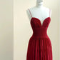 Chic Burgundy A-Line Spaghetti Strap Ruched Satin Dress Prom Evening Dress L473