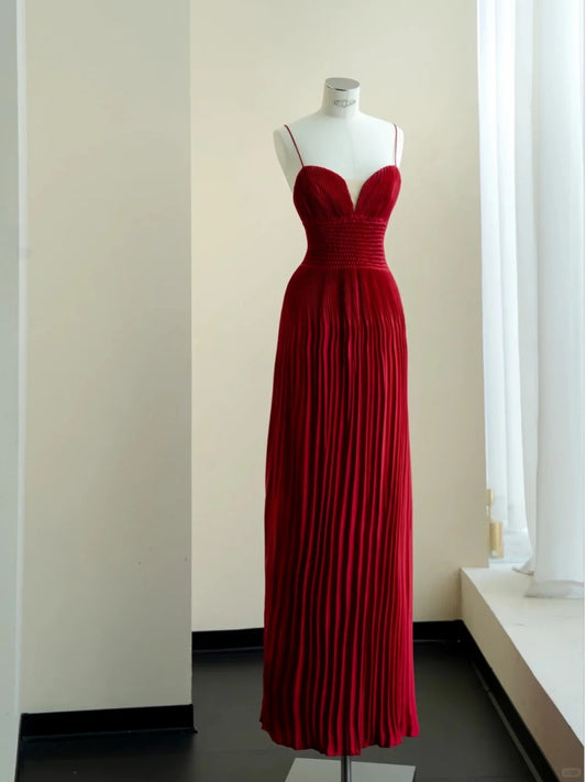 Chic Burgundy A-Line Spaghetti Strap Ruched Satin Dress Prom Evening Dress L473