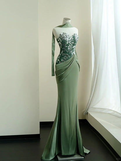 Classy Green Mermaid Sweetheart Sequins Ruched Satin Dress Prom Dress Evening Dress L474