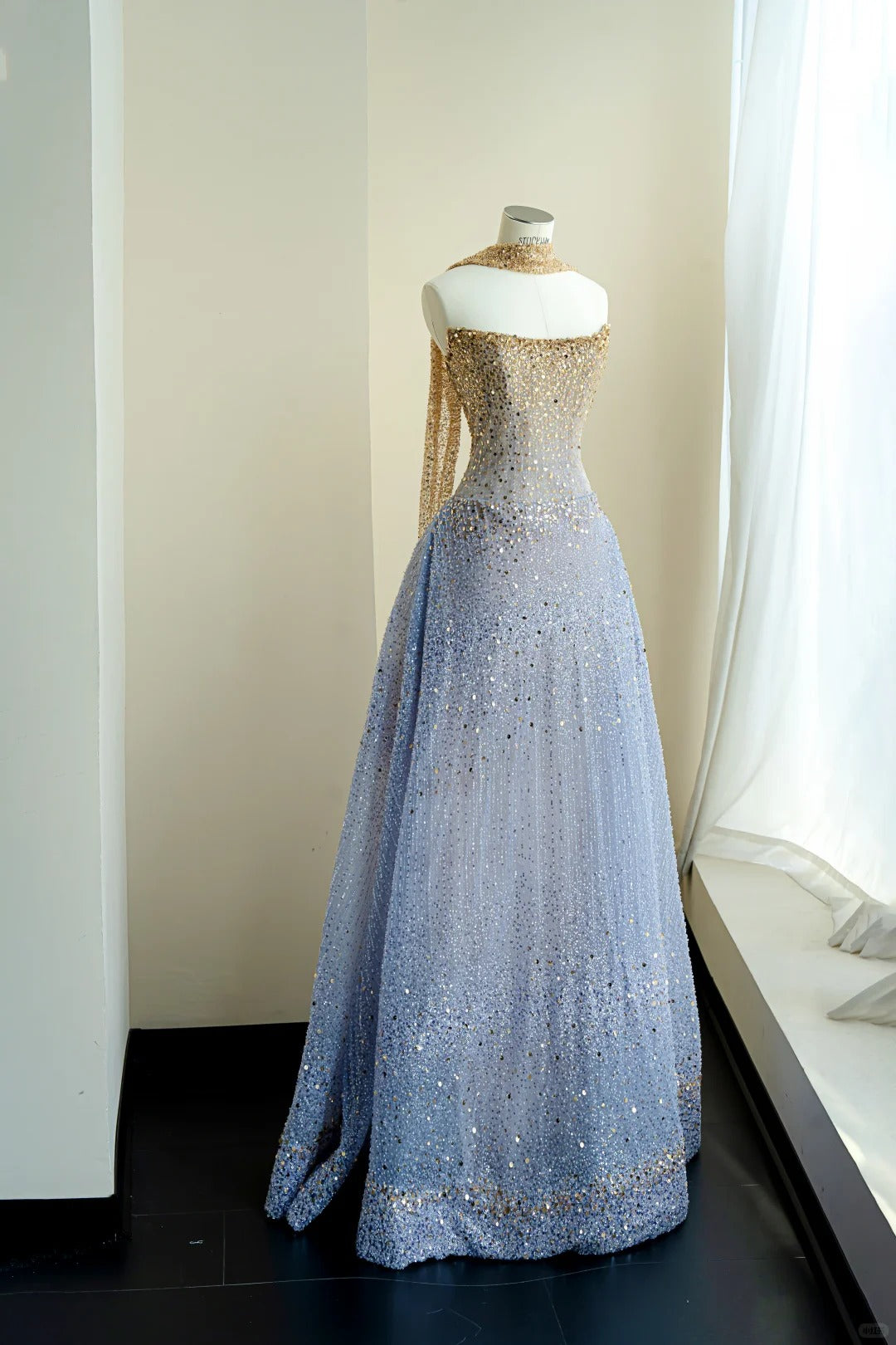 Sparkling Light Blue A-Line Strapless Sequins Tulle Dress Prom Dress Evening Dress L475