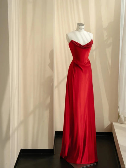 Classy Red A-Line Strapless Rhinestone Satin Dress Prom Dress Evening Dress L476