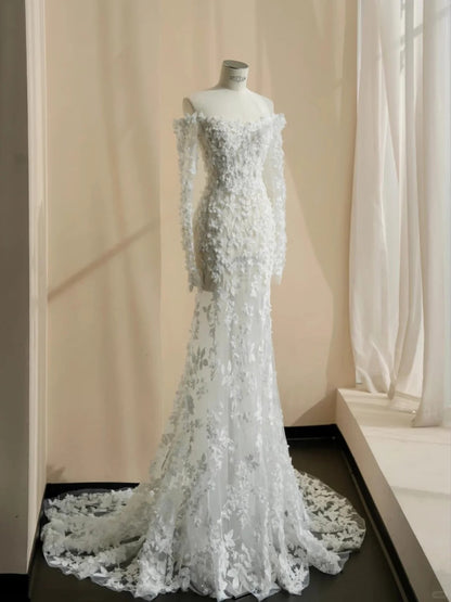 Elegant White Tulle Wedding Dress Off-The-Shoulder Mermaid Lace Appliques Ballroom Wedding Dress L477