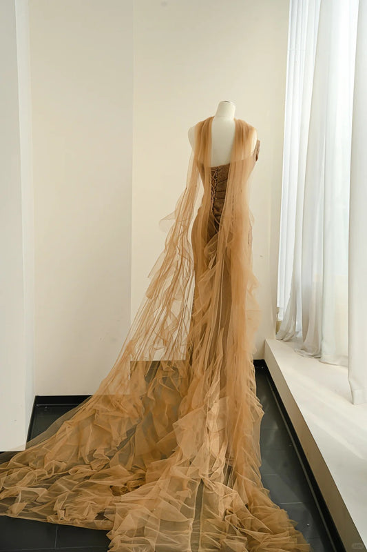 Chic Champagne Sheath Strapless Rhinestone Ruched Tulle Dress Prom Dress Evening Dress L479