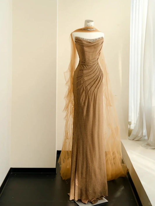 Chic Champagne Sheath Strapless Rhinestone Ruched Tulle Dress Prom Dress Evening Dress L479