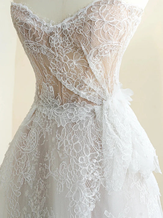 Pretty White A-Line Sweetheart Sequins Bow Lace Tulle Dress Prom Dress Evening Dress L480