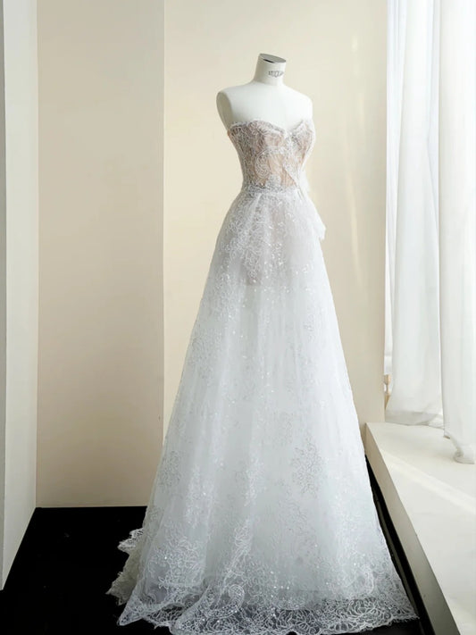 Pretty White A-Line Sweetheart Sequins Bow Lace Tulle Dress Prom Dress Evening Dress L480