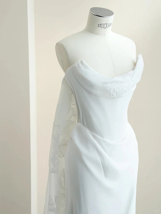 Modest White Mermaid Strapless Appliques Lace Train Satin Dress Prom Dress Evening Dress L481
