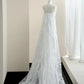 Modest White Mermaid Strapless Appliques Lace Train Satin Dress Prom Dress Evening Dress L481