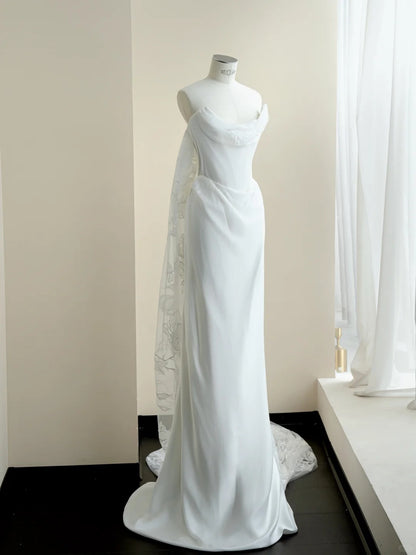 Modest White Mermaid Strapless Appliques Lace Train Satin Dress Prom Dress Evening Dress L481