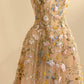 Princess Nude A-Line Spaghetti Strap Floral Appliques Tulle Dress Prom Dress Evening Dress L482