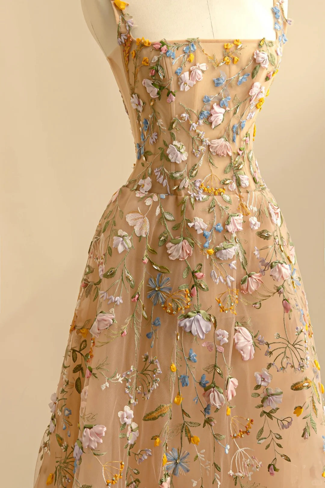 Princess Nude A-Line Spaghetti Strap Floral Appliques Tulle Dress Prom Dress Evening Dress L482