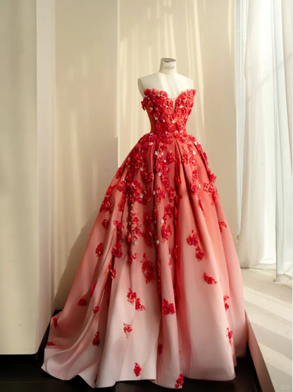 Romantic Red Ball Gown Sweetheart Appliques Rhinestone Matte Satin Dress Quinceanera Dress 16 L483