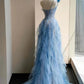 Princess Light Blue A-Line Asymmetrical Neck Handmade Flowers Ruffled Tulle Dress Prom Evening Dress L484