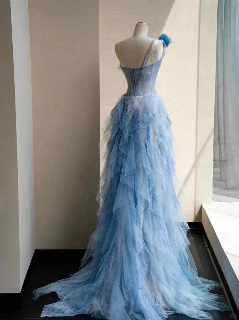 Princess Light Blue A-Line Asymmetrical Neck Handmade Flowers Ruffled Tulle Dress Prom Evening Dress L484