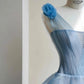 Princess Light Blue A-Line Asymmetrical Neck Handmade Flowers Ruffled Tulle Dress Prom Evening Dress L484