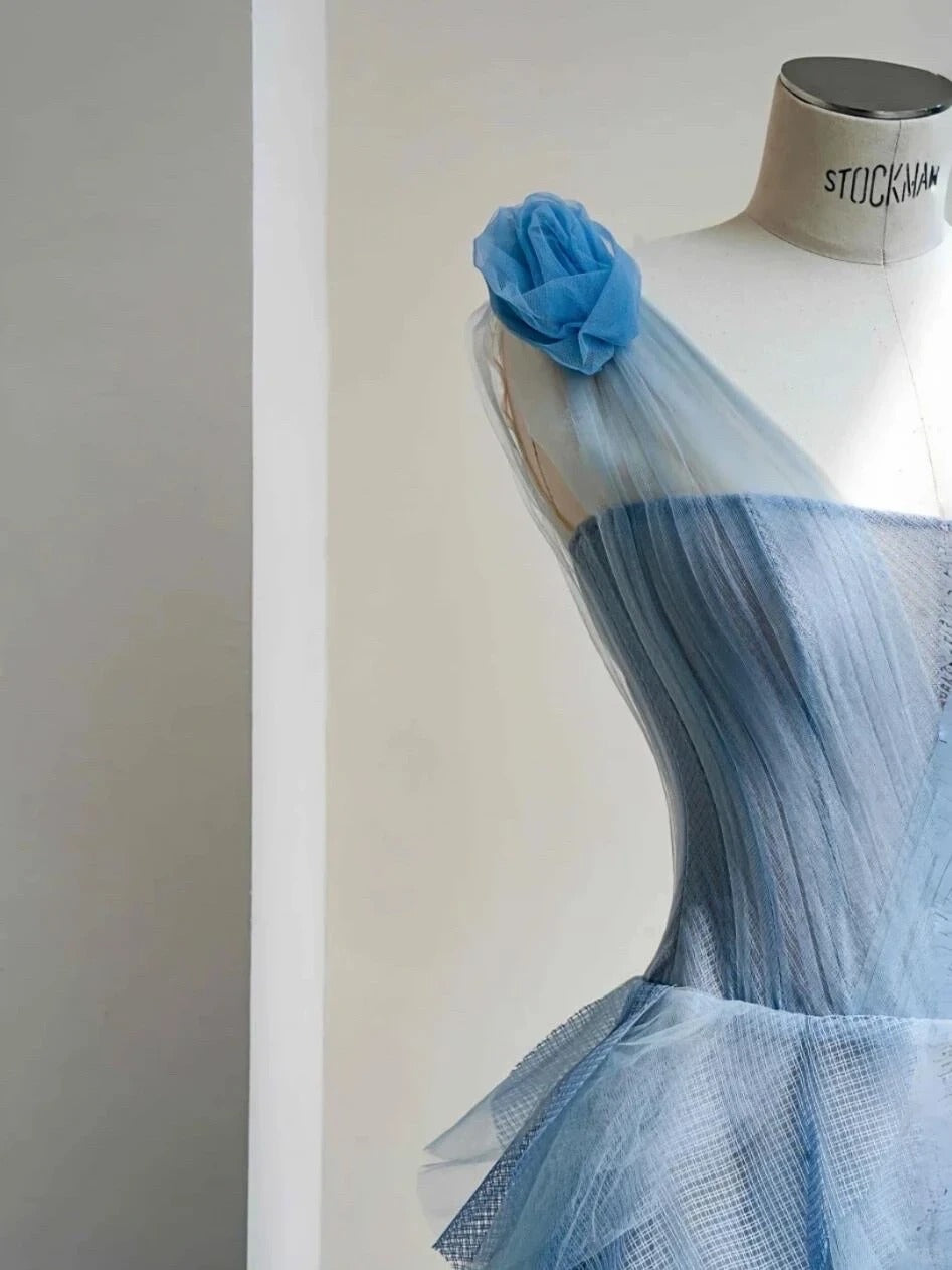 Princess Light Blue A-Line Asymmetrical Neck Handmade Flowers Ruffled Tulle Dress Prom Evening Dress L484