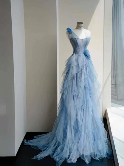 Princess Light Blue A-Line Asymmetrical Neck Handmade Flowers Ruffled Tulle Dress Prom Evening Dress L484