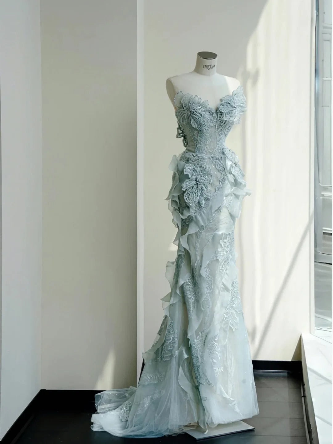 Princess Mint Green Mermaid Sweetheart Appliques Beaded Tulle Dress Prom Evening Dress L485