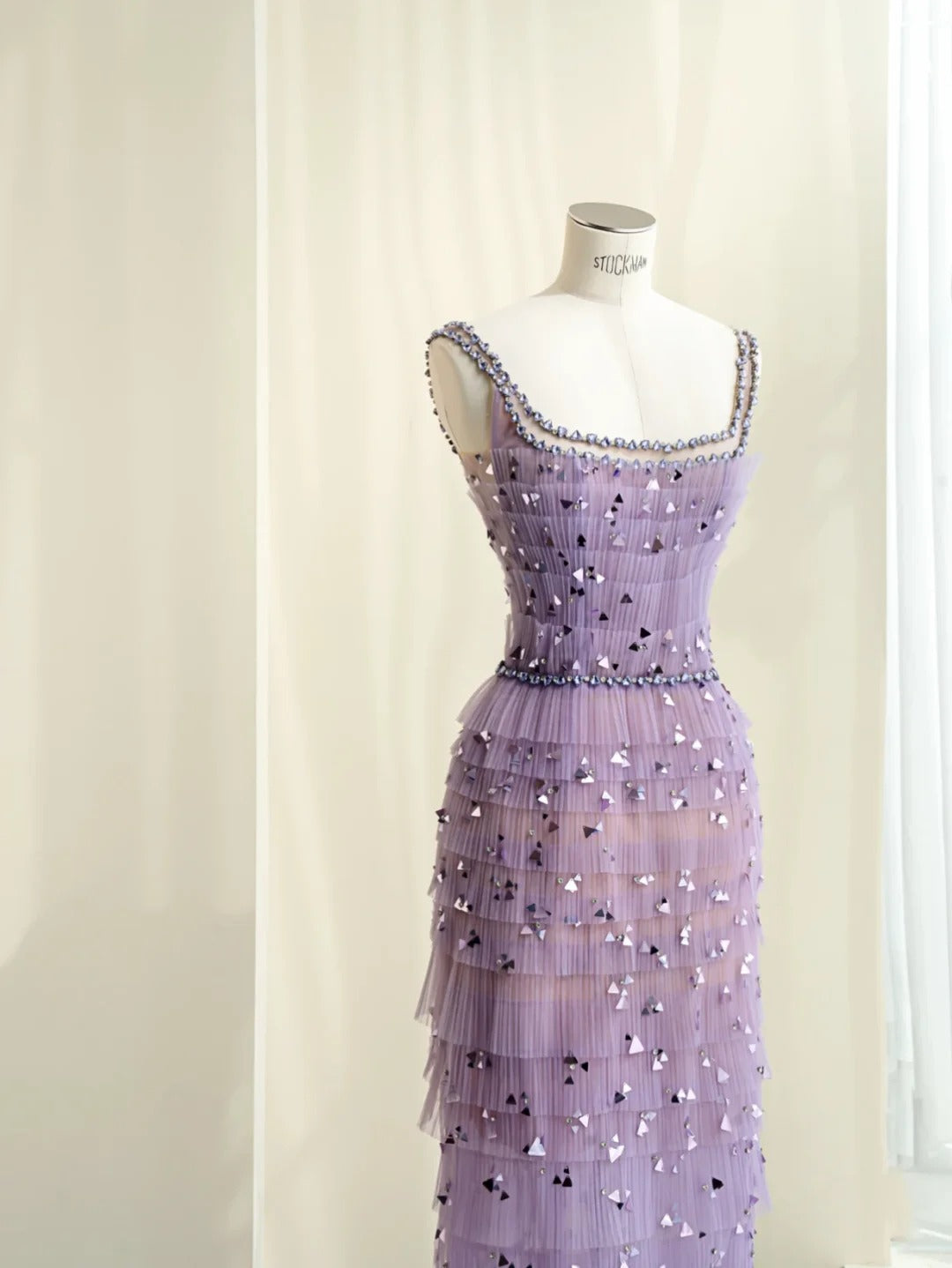 Pretty Young Purple Sheath Square Rhinestone Sequins Tiered Tulle Dress Prom Evening Dress L486